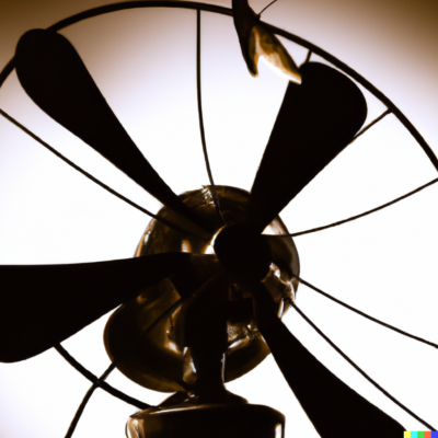 DALL·E 2024-01-24 13.43.14 - show an old style desk fan, silhouetted from behind with a moth flying on one of the blades