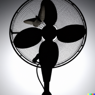 DALL·E 2024-01-24 13.43.25 - show an old style desk fan, silhouetted from behind with a moth flying on one of the blades