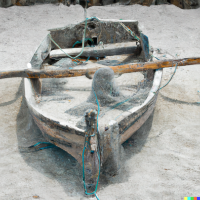 DALL·E 2024-01-24 13.46.54 - show an old row boat with oars, in white sand completely covered in a web of threads