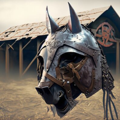 Firefly a horse head armor in front of an abandoned barn 68037