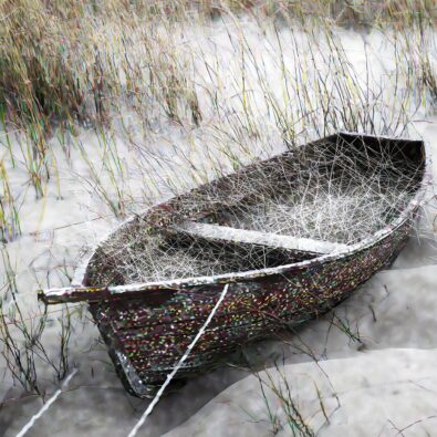 Firefly show an old row boat with oars, stuck in white sand completely covered in a web of threads s(2)